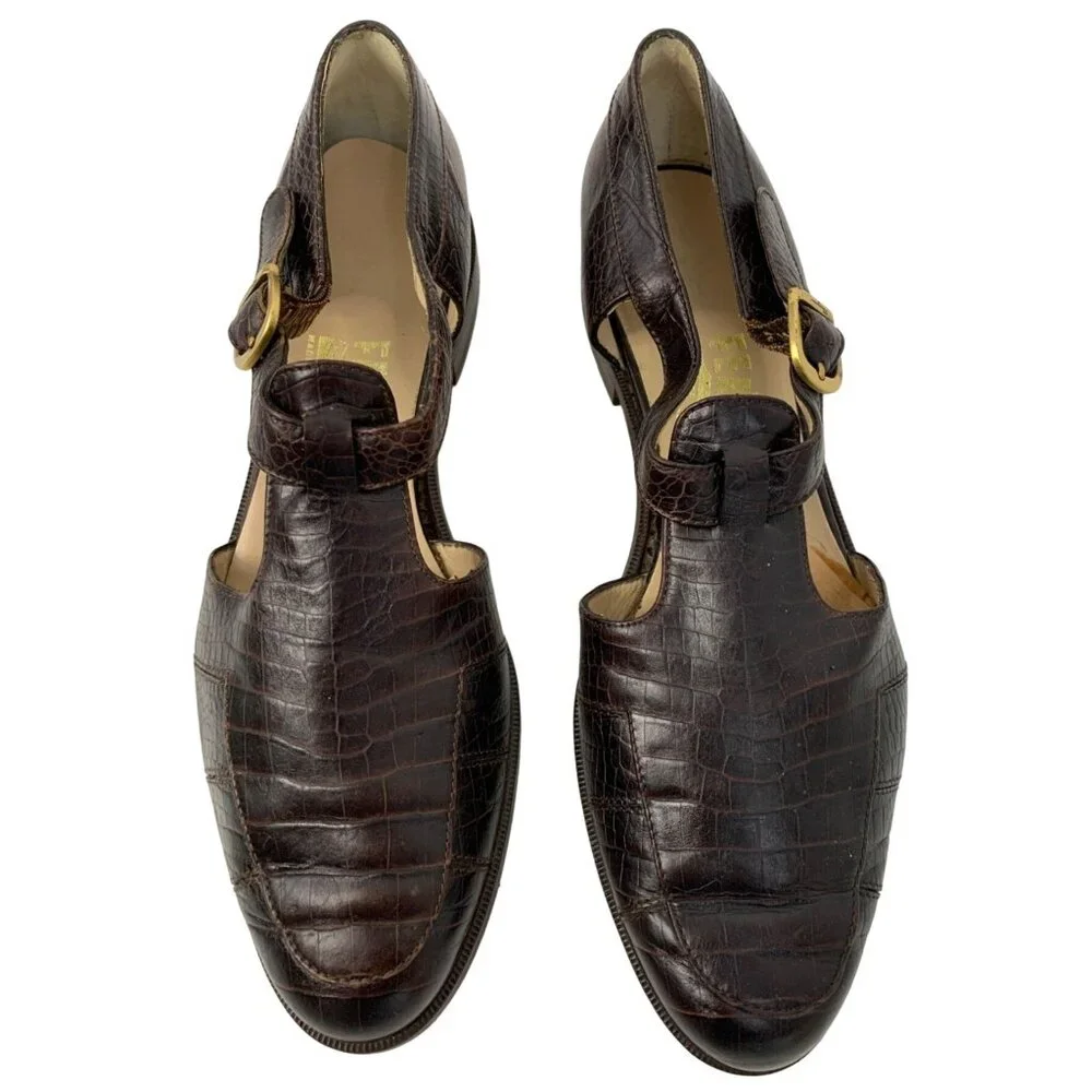 VTG Ferragamo 7B Crocodile Leather T-strap Buckle Shoes Flat Brown Italy 7965 - Picture 3 of 15
